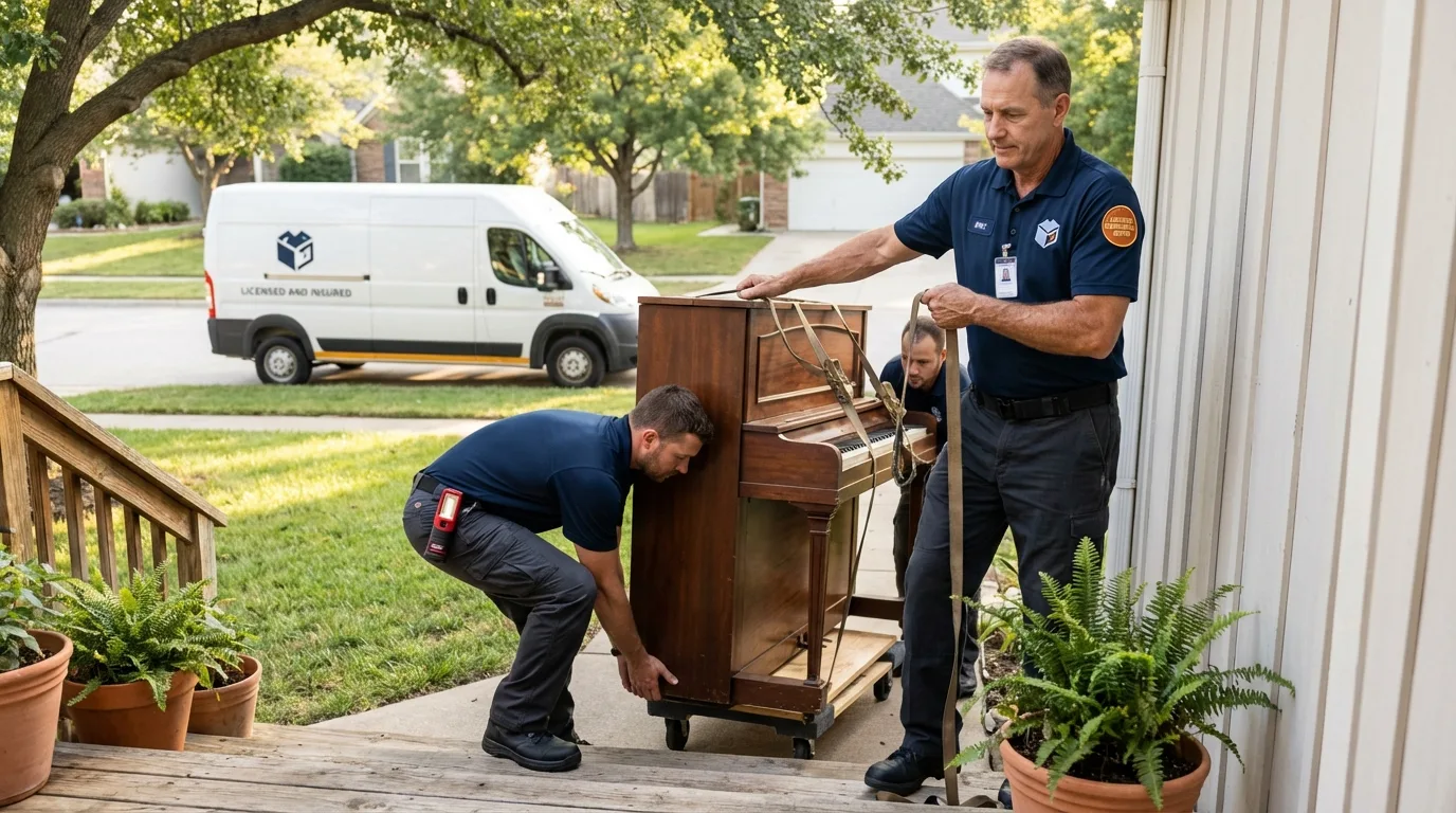 Licensed piano movers securing grand piano in Benwood, WV