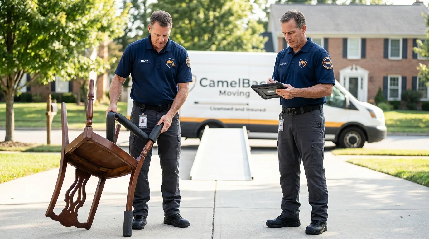 Movers inspecting furniture for damage prevention before loading in Benwood, WV