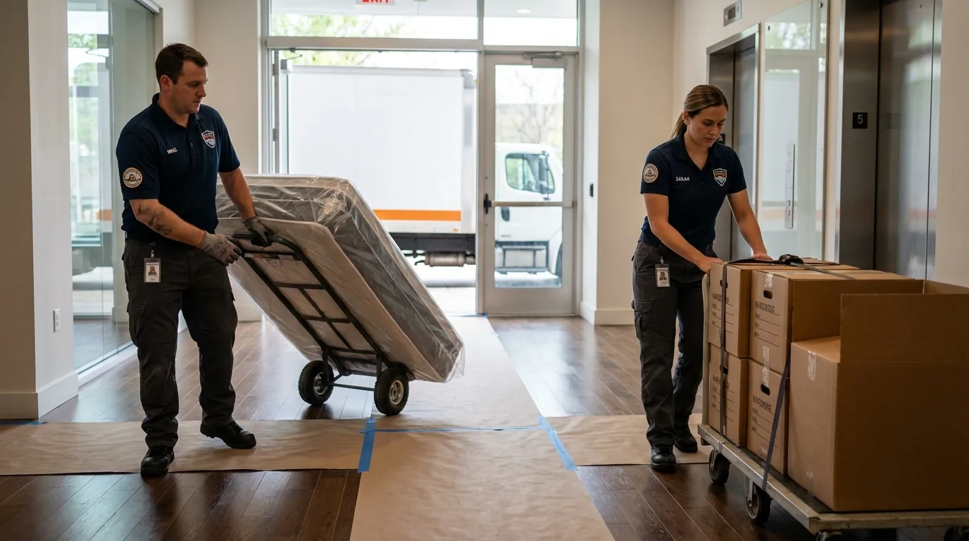 Professional apartment movers loading elevator in Benwood, WV