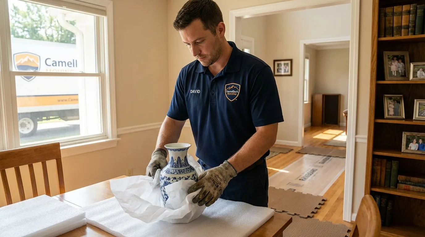 Professional crew carefully wrapping antique vase for senior downsizing move in Benwood, WV